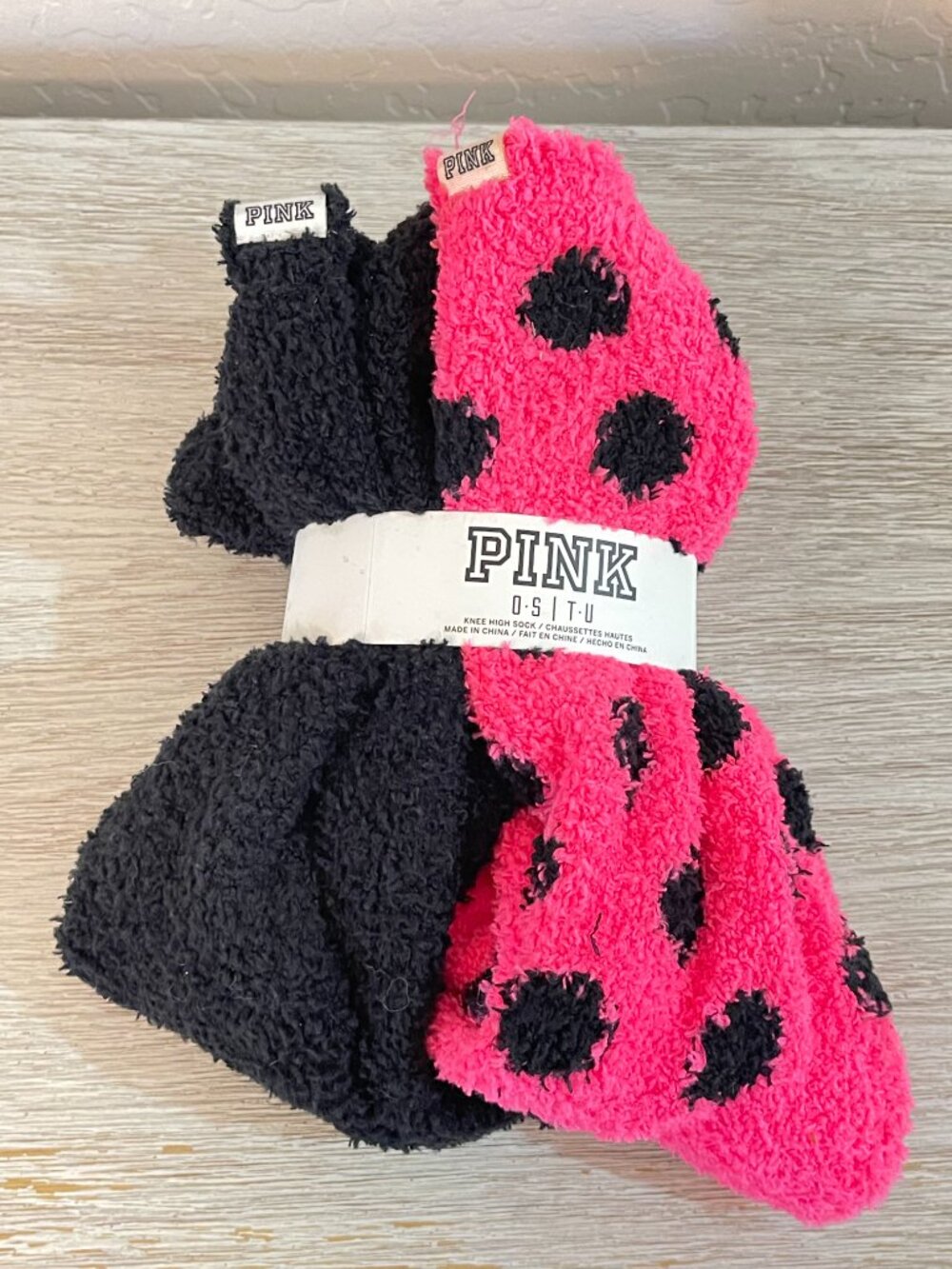 New Victoria's Secret PINK Knee High Socks 2 Pair Fuzzy Plush Pink Black